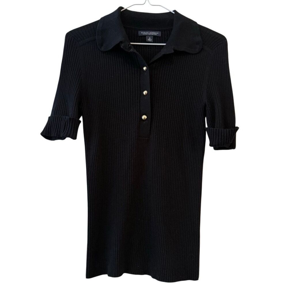 Banana Republic Extra Fine Merino Ribbed Short Sleeve Black Sweater Top Small
